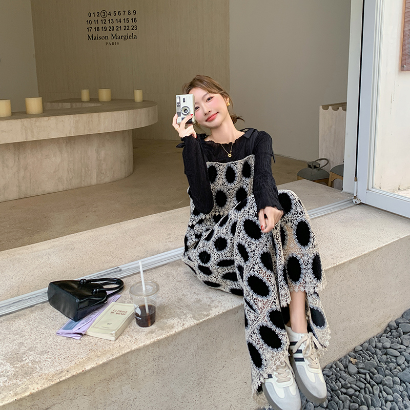 黑色重工气质连衣裙套装女秋2025新款法式打底衫波点吊带裙两件套，女装套装/套裙，浙宝129