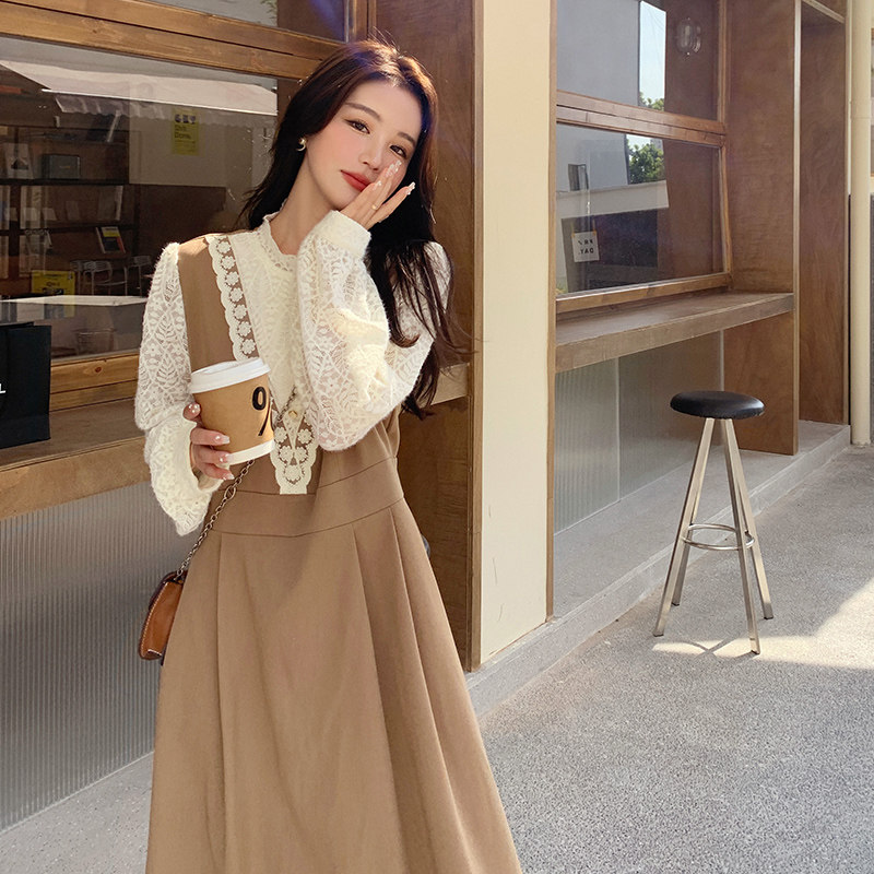 法式蕾丝拼接连衣裙女2025春新款设计感假两件气质绝美减龄茶歇裙,女装连衣裙,浙宝129