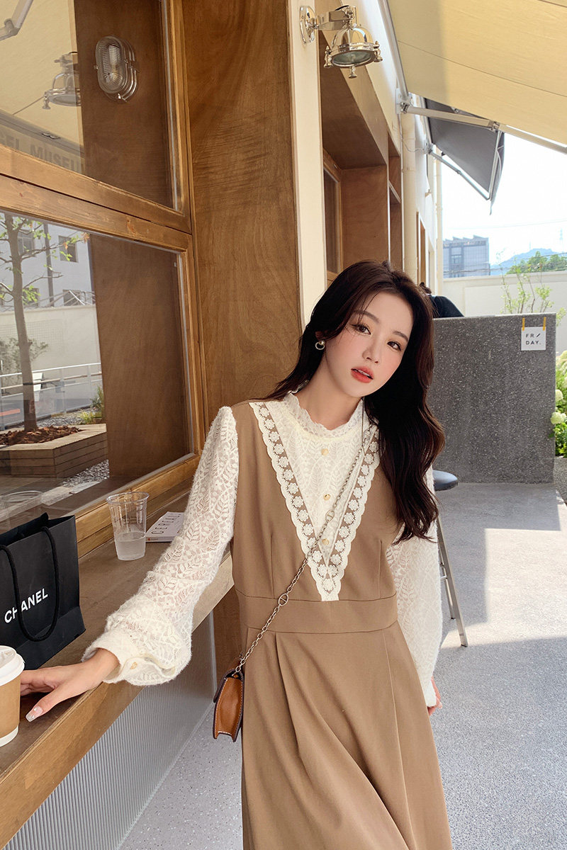法式蕾丝拼接连衣裙女2025春新款设计感假两件气质绝美减龄茶歇裙,女装连衣裙,浙宝129