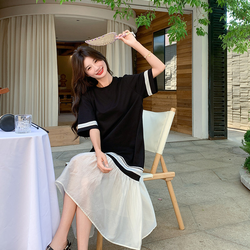 网纱拼接黑色连衣裙女夏2025新款韩范休闲t恤裙爆款减龄松驰超火,女装连衣裙,浙宝129