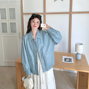 蓝色休闲显瘦PU皮衣外套女2025春秋季新款韩版流行夹克机车服上衣图片