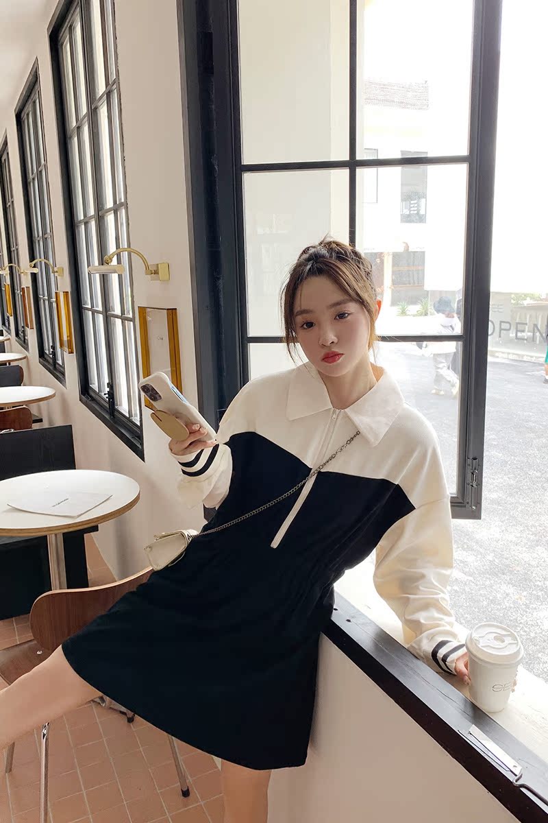 LeceaAlice韩版polo连衣裙2025春季新款学院风宽松收腰卫衣裙女,女装连衣裙,浙宝129