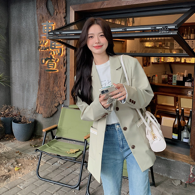蕾丝花边拼接绿色小西装外套女春秋2025新款韩版气质休闲西服上衣,女装西装,浙宝129