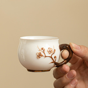 德化茶具羊脂玉手工捏花茶杯陶瓷茶具主人杯品茗杯咖啡杯功夫