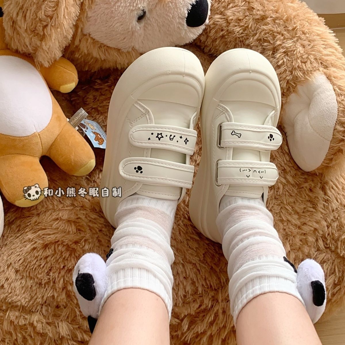 校园风和小熊冬眠魔术贴亚文化宅萌系休闲防滑厚底帆布鞋百搭板鞋