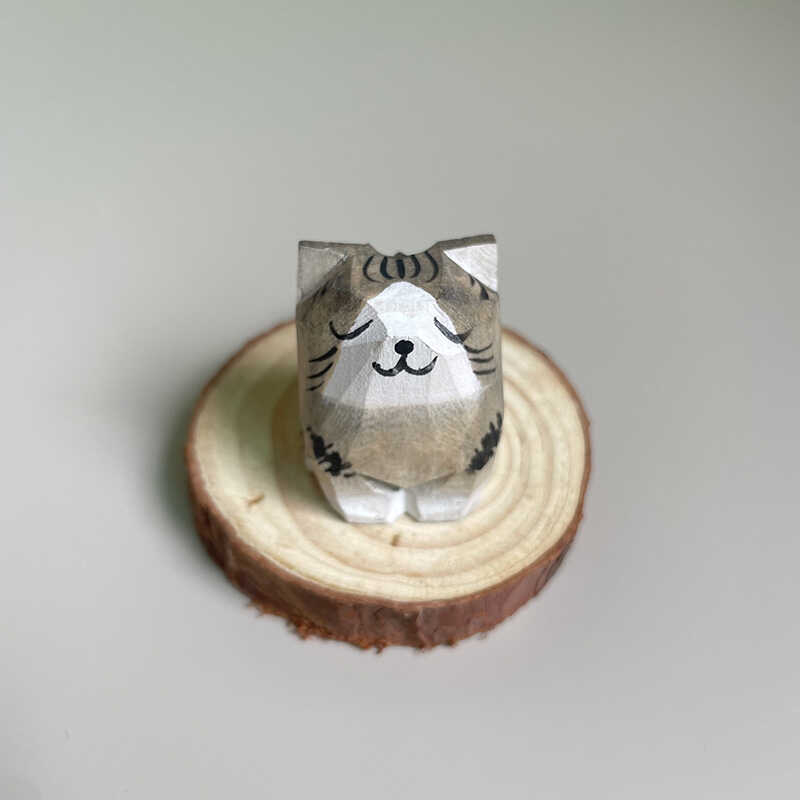 手工雕刻实木狸花猫家猫摆件办公室桌面汽车装饰送朋友生日礼物