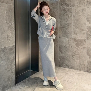 洋气高级感时尚套装女春季蕾丝拼接连帽卫衣外套高腰半身裙两件套