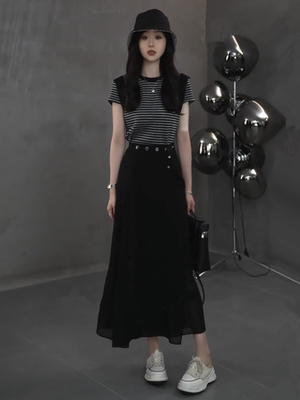时尚条纹t恤网纱半身裙两件套女