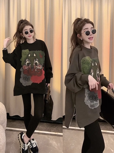 慵懒风洋气百搭中长款套头卫衣女秋季涂鸦设计感印花长袖宽松上衣