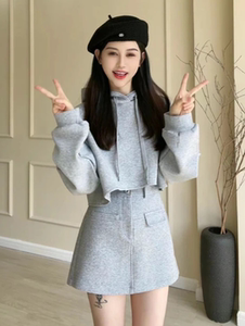 欧货时尚半身裙套装女早秋短款连帽卫衣+A字包臀短裙洋气两件套潮
