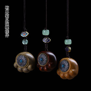 小叶紫檀绿檀香木雕刻可爱猫咪萌猫爪转盘创意手机链饰品包链吊坠