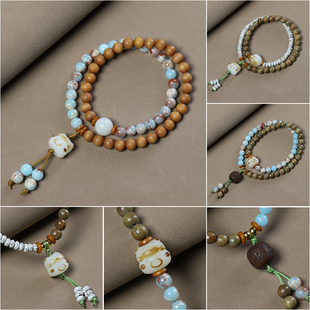 绿檀木搭配寿山石DIY手链檀香木简约文艺佛珠男女款手串文玩饰品