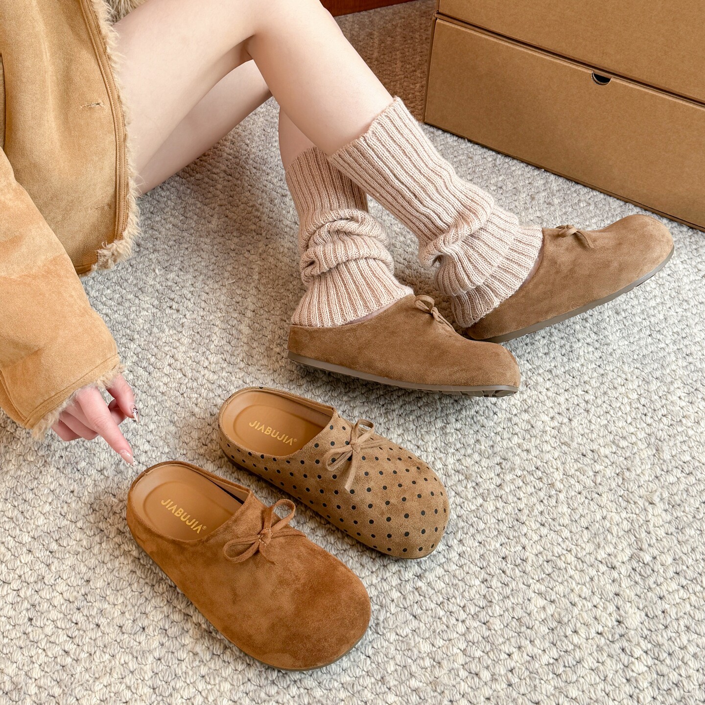 贾不假勃肯鞋女款2026新款秋冬季复古包头半拖鞋外穿一脚蹬懒人鞋