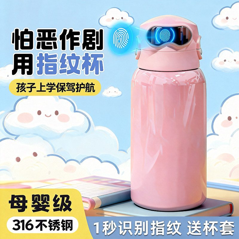 艾迪斯指纹水杯2026新款男女生高颜值儿童保温杯上学专用密码解锁
