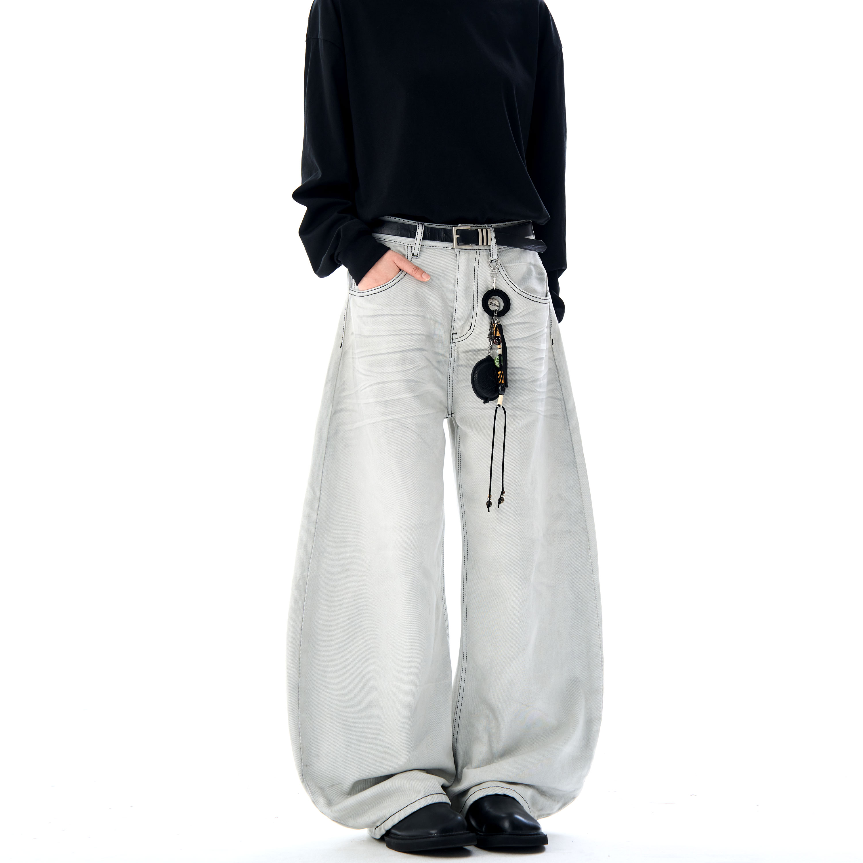 美式复古水洗做旧阔腿弯刀牛仔裤