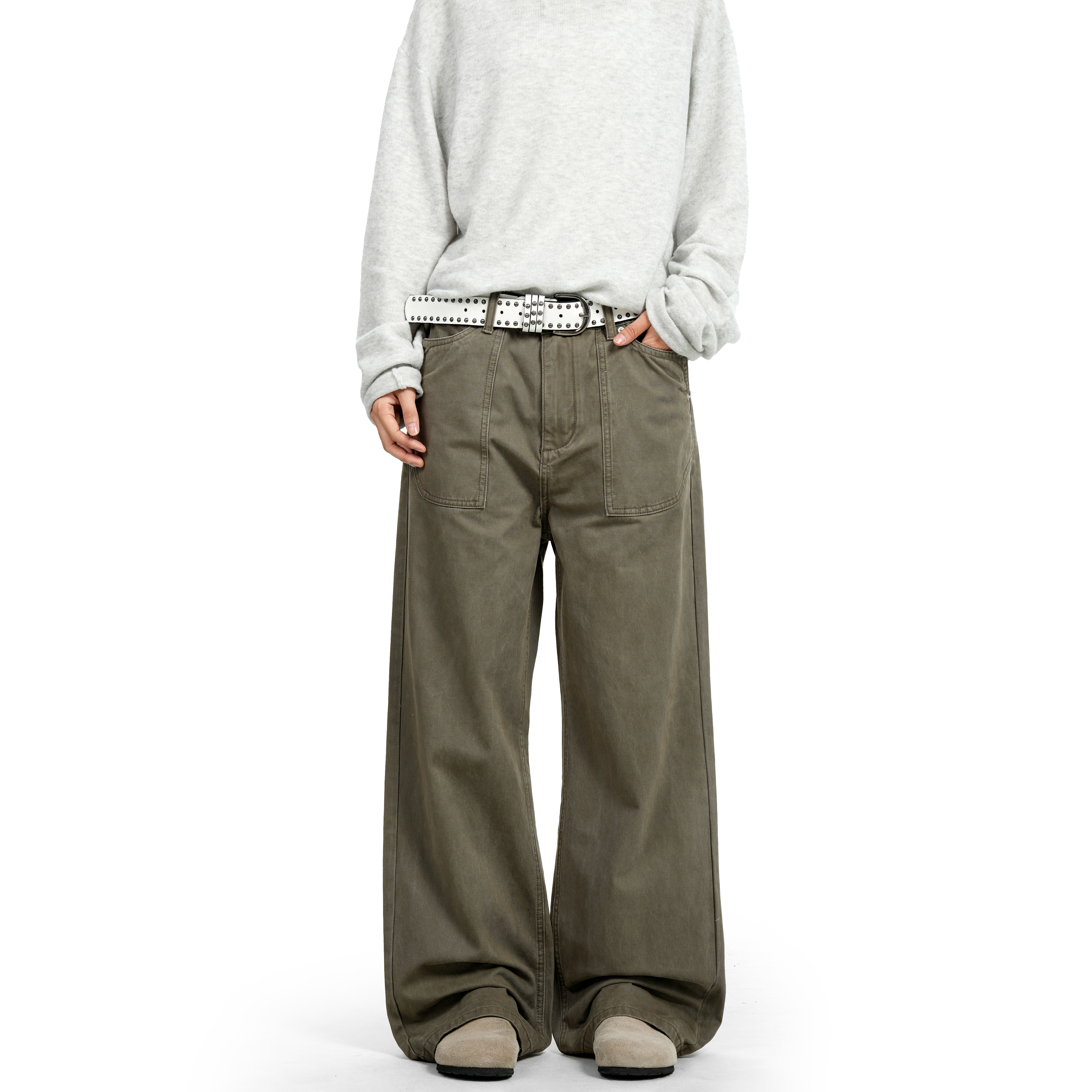 美式复古亚麻灰直筒牛仔裤男女