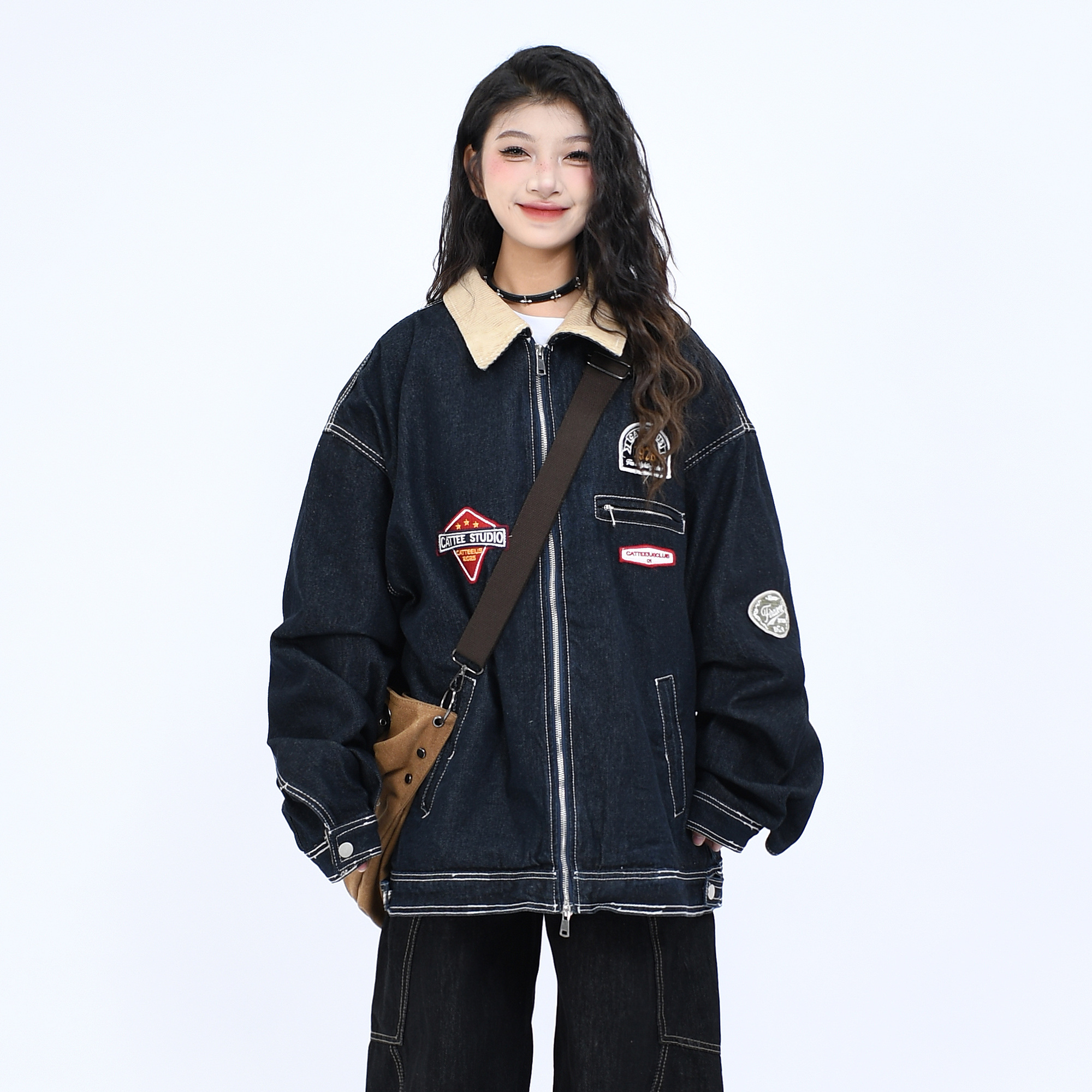 美式复古刺绣水洗牛仔外套男女