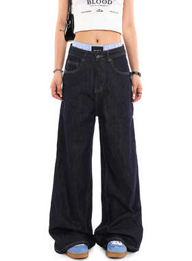 复古深蓝色阔腿牛仔裤男女宽松美式水洗丹宁sagging直筒休闲裤子