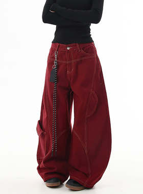 美式复古解构多口袋红色弯刀工装牛仔裤男女明线拼接爵士舞裤子潮