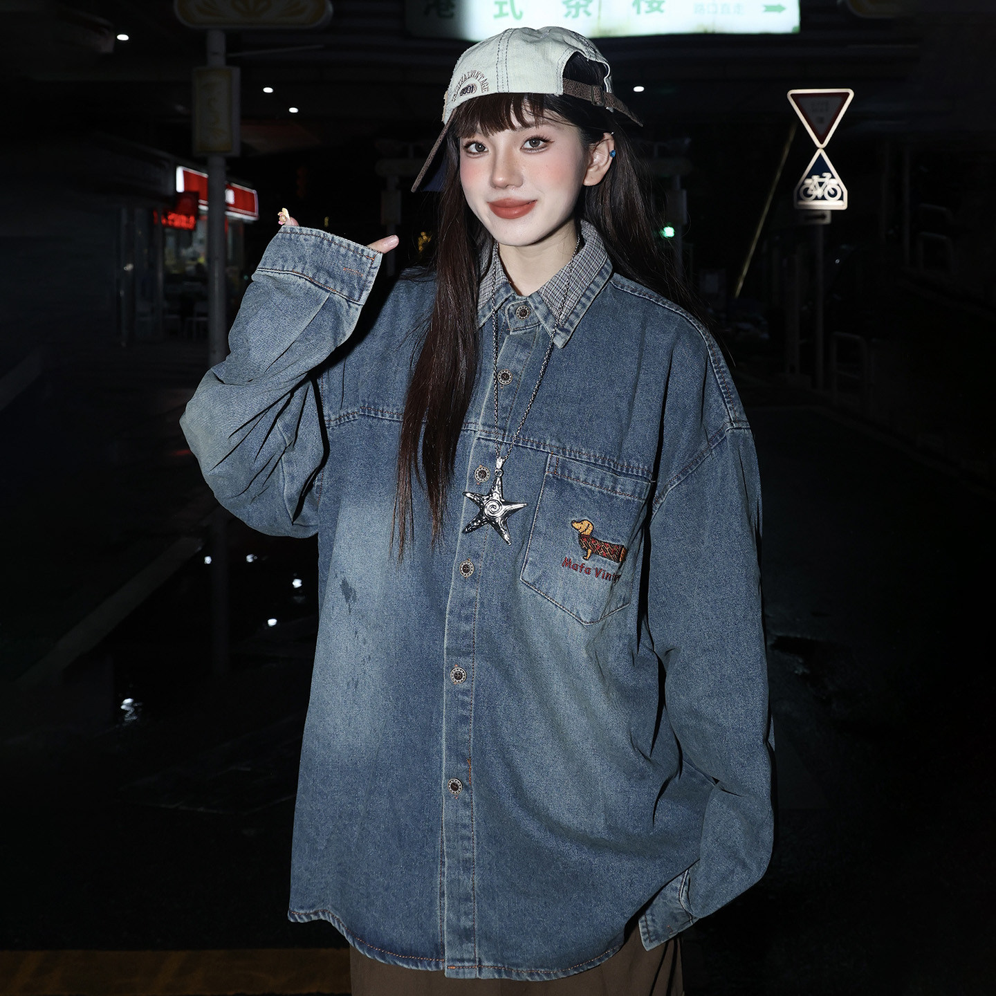 美式复古vintage长袖牛仔衬衫