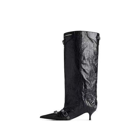 欧美外贸女鞋尖头细高跟一脚蹬高靴直筒铆钉针扣大码长靴女