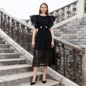 2025秋时尚 圆领短袖 蕾丝拼接露腰修身 速卖通热卖 中长款 连衣裙单件