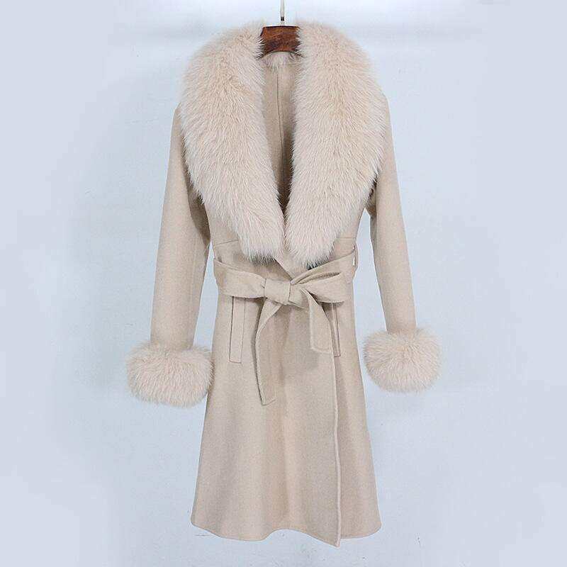 新款羊绒羊毛大衣女中长款狐狸毛大毛领2023秋冬时尚修身毛呢外套