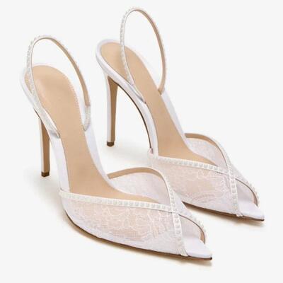欧美高跟凉鞋尖头白色蕾丝珍珠细跟女婚宴鞋wedding shoes women
