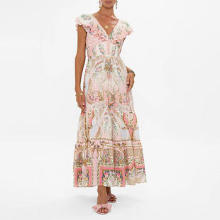 2026复古印花设计海边度假连衣裙女款 新款 波西米亚风V领绑带长裙