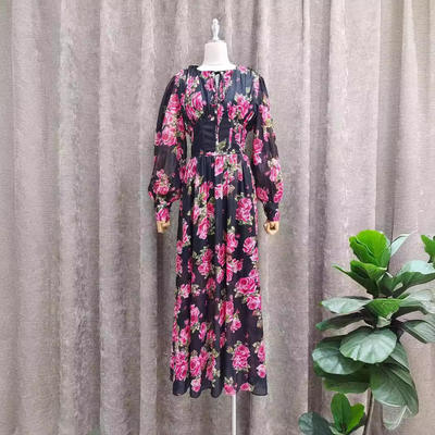 新款 春秋季时尚名媛气质灯笼长袖圆领收腰显瘦a字雪纺印花连衣裙