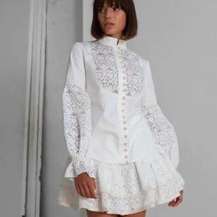 2023早春秋立领灯笼袖 女时尚 套装 绣花上衣配包臀裙刺绣短裙时套装