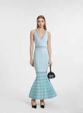 跨境南油高端春夏优雅淑女浅蓝色v领无袖钉珠中长针织鱼尾连衣裙