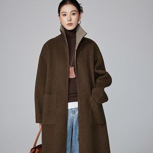 [本初]针织立领拼接双面羊绒大衣女秋冬极简风长款拉链羊毛呢外套