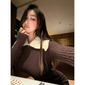 麻辣妹感翻领杀特殊工艺坑条针织两件套 林悠定制 rouje很爱