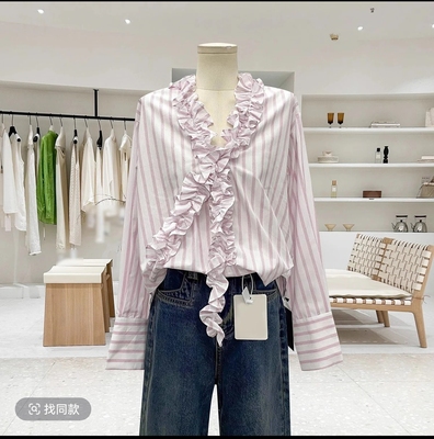 十三行2025春季新款法式V领宽松花蕊边粉色竖条纹衬衫长袖上衣女