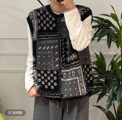 美亚恩NANA【拼图马甲】秋冬腰果花撞色圆领毛衣开衫马甲C0092