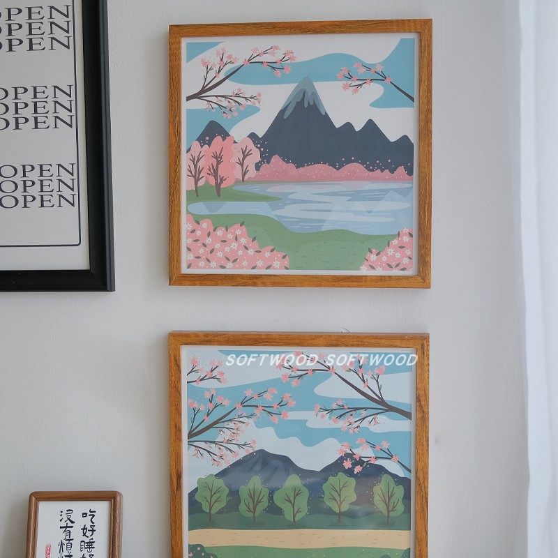 富士山樱花手绘风格小装饰画