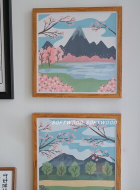 「softwood」富士山樱花 sakura 日本东京手绘装饰画实木画框小画