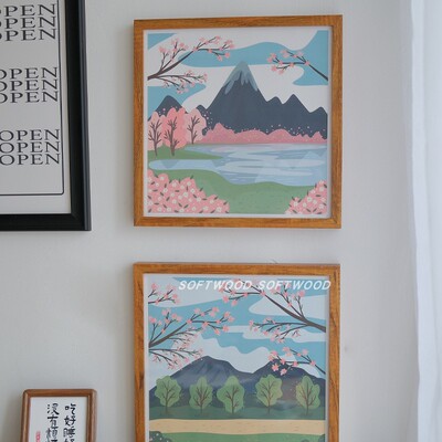 富士山樱花手绘风格小装饰画