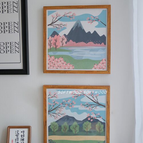 富士山樱花手绘风格小装饰画