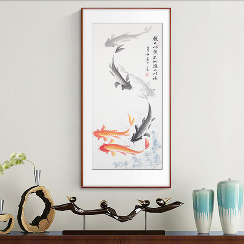 六鱼聚财图风水画客厅招财年年有余挂画入户玄关装饰画鲤鱼水墨画