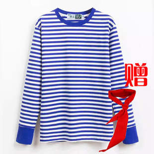 T印LOGO 男t恤蓝白条纹纯棉春秋男女情侣大码 怀旧梅花牌海魂衫 长袖