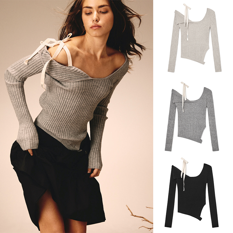 重工系带纯欲露肩一字领针织毛衣