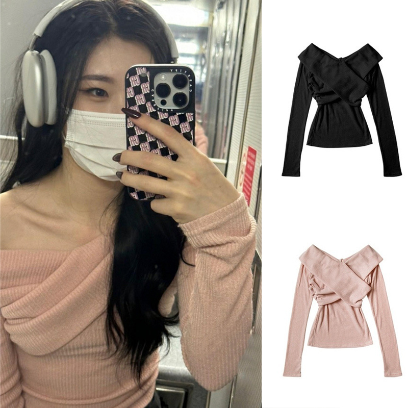 李彩领同款甜美上衣温柔露肩针织