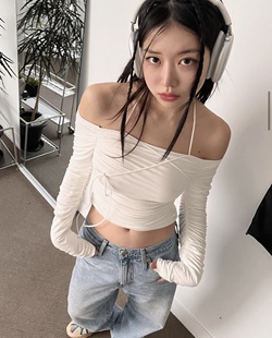 芭蕾美学纯欲一字肩甜美纯色系带上衣露肩修身长袖女 韩国dryrose