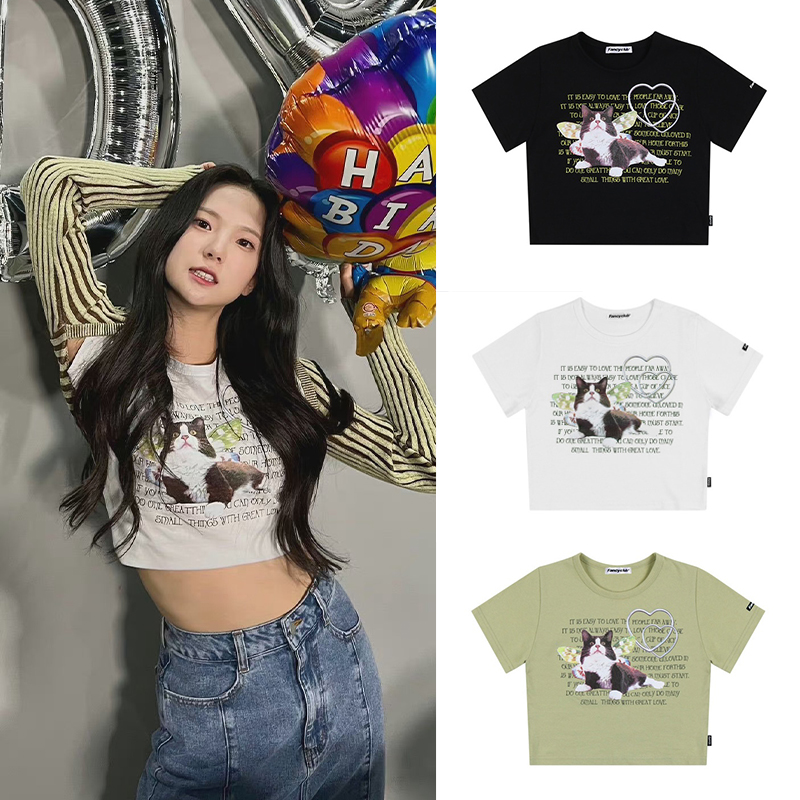 短袖猫咪字母印花t恤崔有真同款