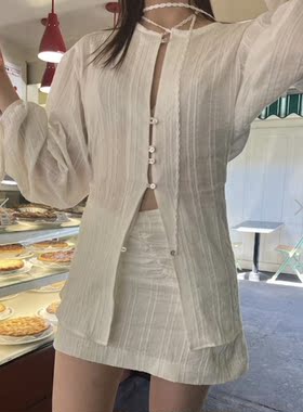 韩国系带灯笼袖宽松单排扣薄款长袖白衬衫棉a字半身裙套装glowny
