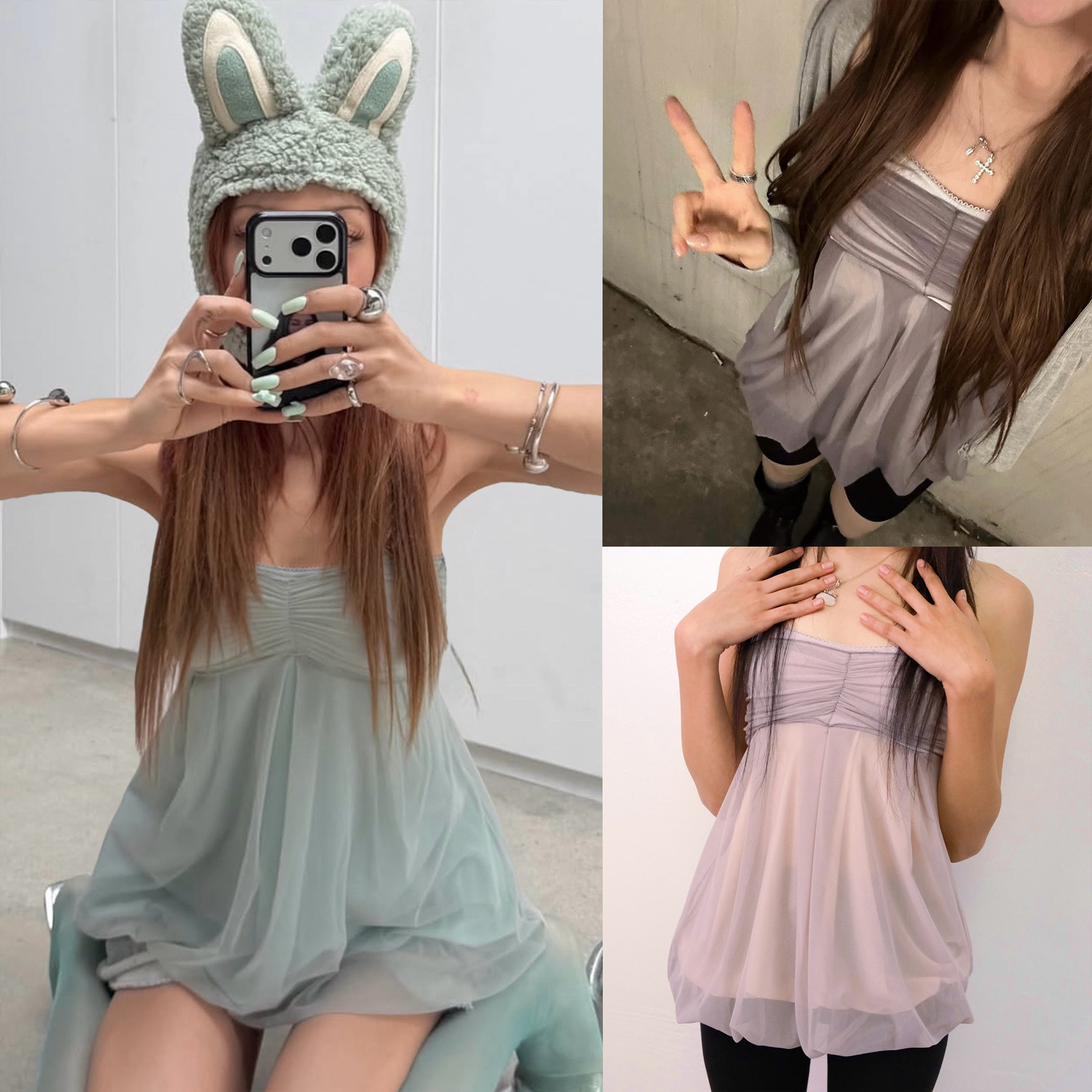 losesleepover网纱吊带甜美风上衣夏少女温柔风蕾丝边裹胸连衣裙