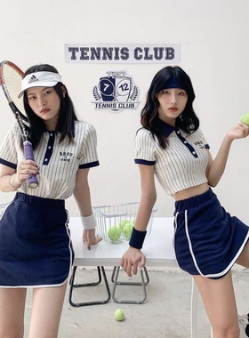 自制tsd棒球元气少女上衣翻领条纹短款衬衫高腰半身裙套装ins学院