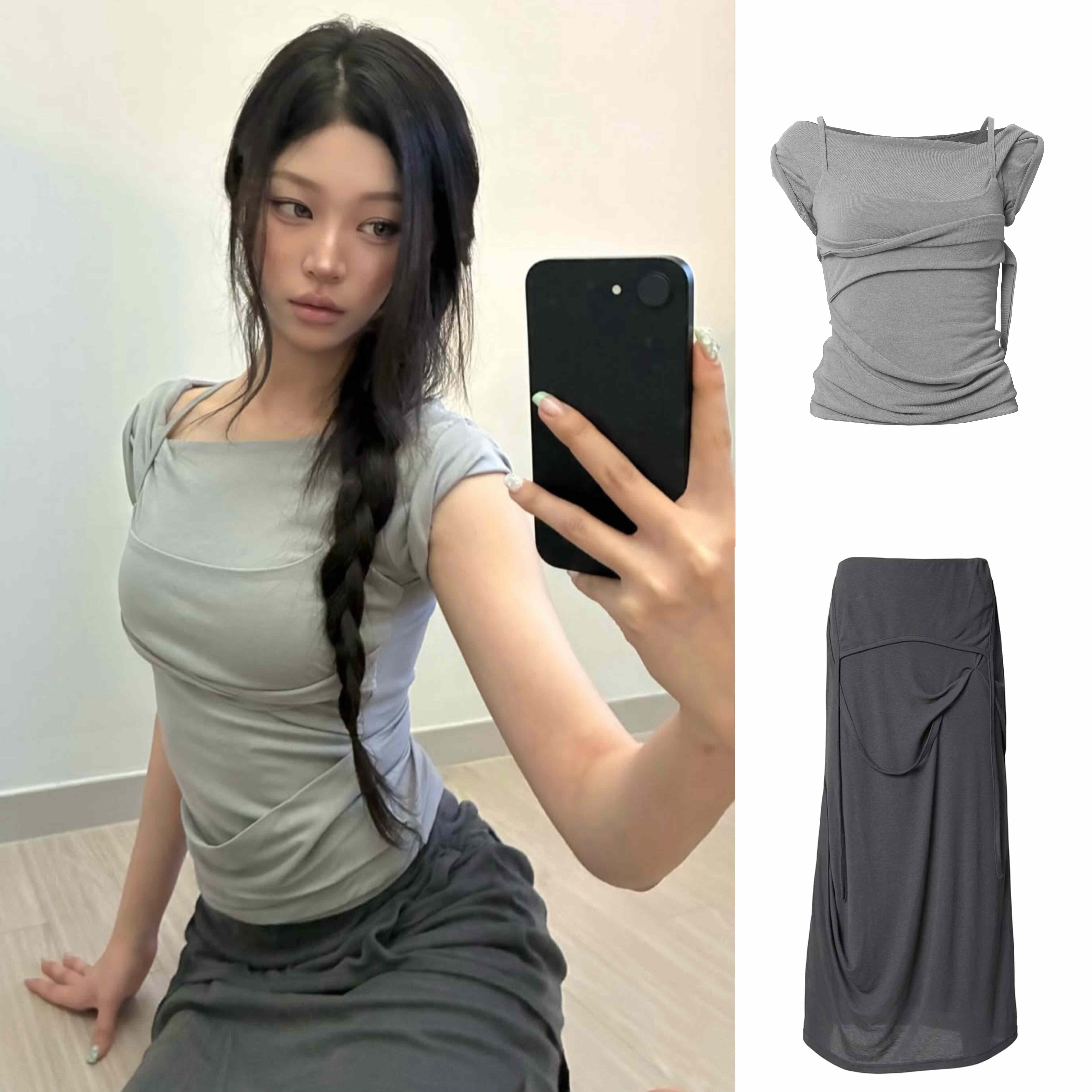 韩系清冷风小众设计感露肩上衣夏季新款复古一字肩修身灰色短袖女